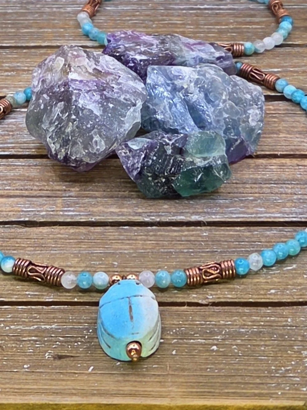 Hemimorphite And Copper Beaded Necklace With Sandstone Scarab Pendant
